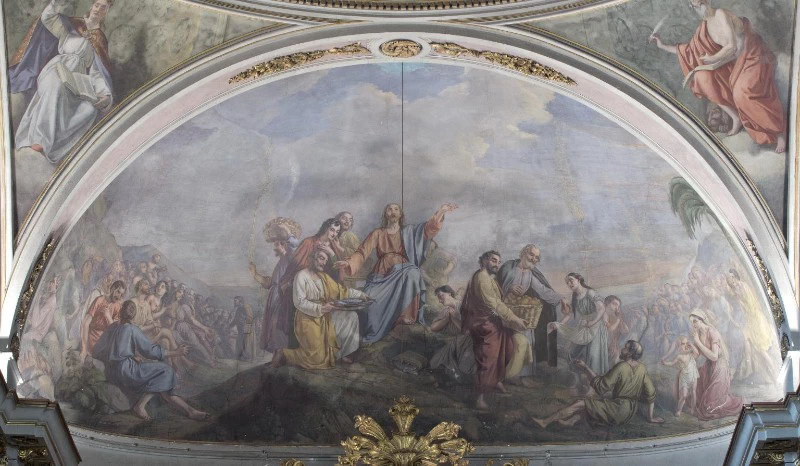 La moltiplicazione dei pani e dei pesci - 1871, . affresco, chiesa della Trasfigurazione di N.S.G.C., Breno (BS)